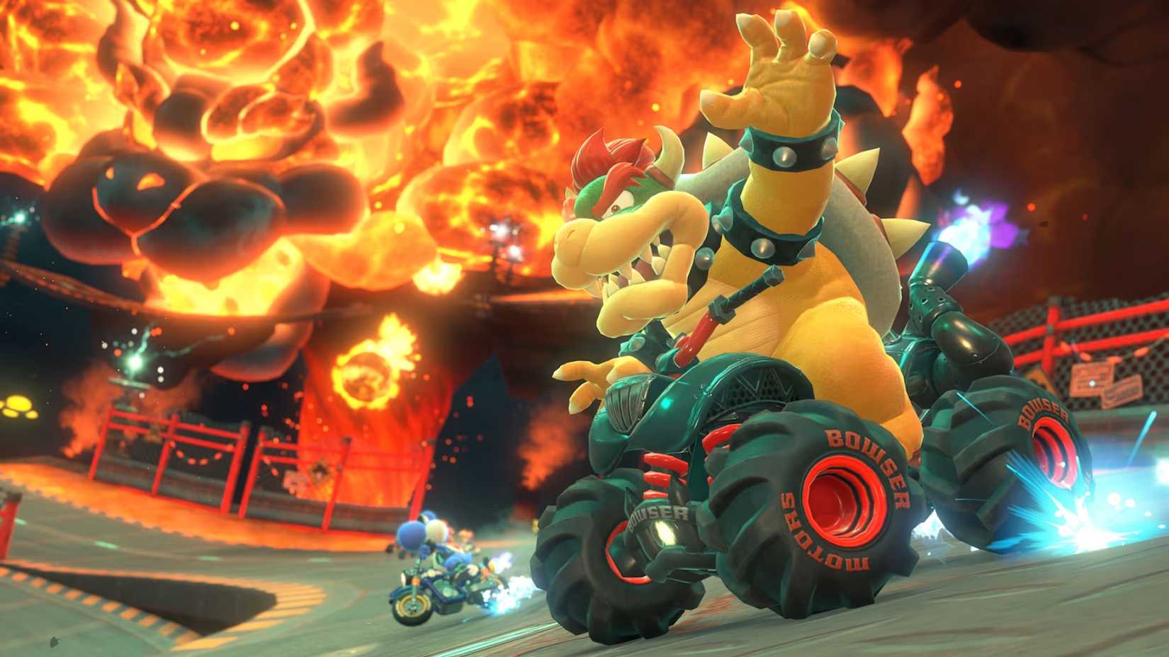 Bowser gesticula sob um céu flamejante em Mario Kart World