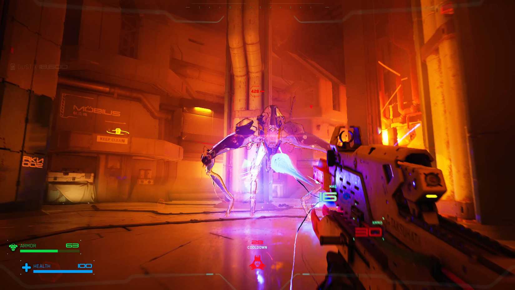 Aska dispara um spiderbot gigante no Éden de metal