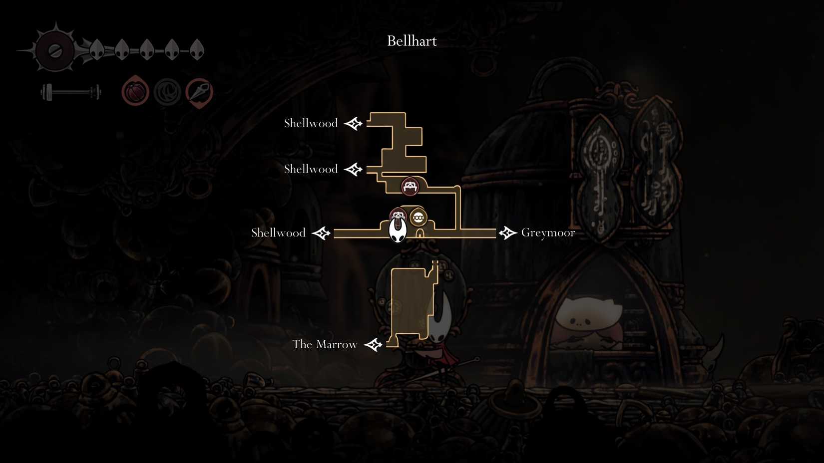 Uma imagem de mapa mostrando por onde começar a missão Silver Bells em Silksong