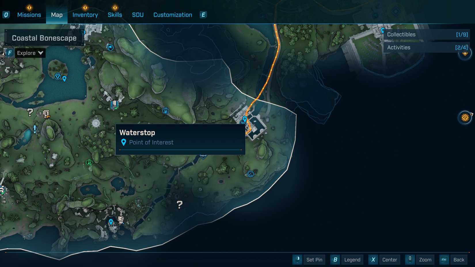 Um mapa mostrando o ponto de interesse de Waterstop em Borderlands 4