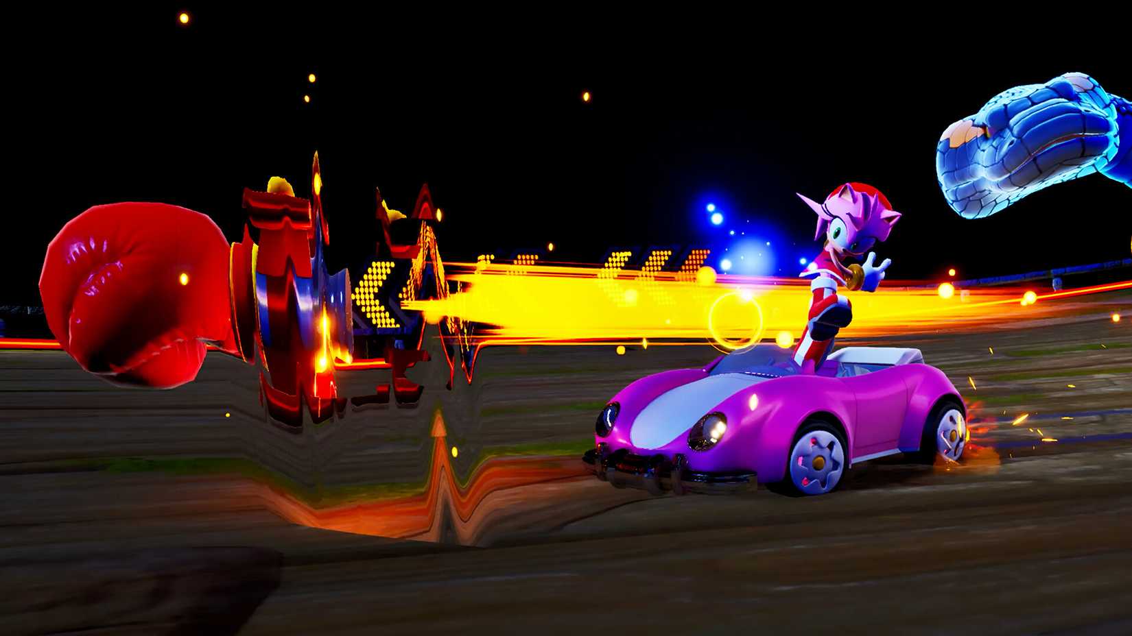 Amy Rose dispara um ataque de luvas em Sonic Racing: Crossworlds.