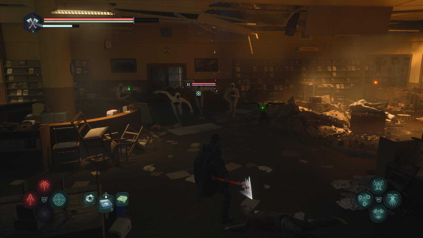 Remi lutando contra um grupo de demônios em uma biblioteca no inferno somos nós.