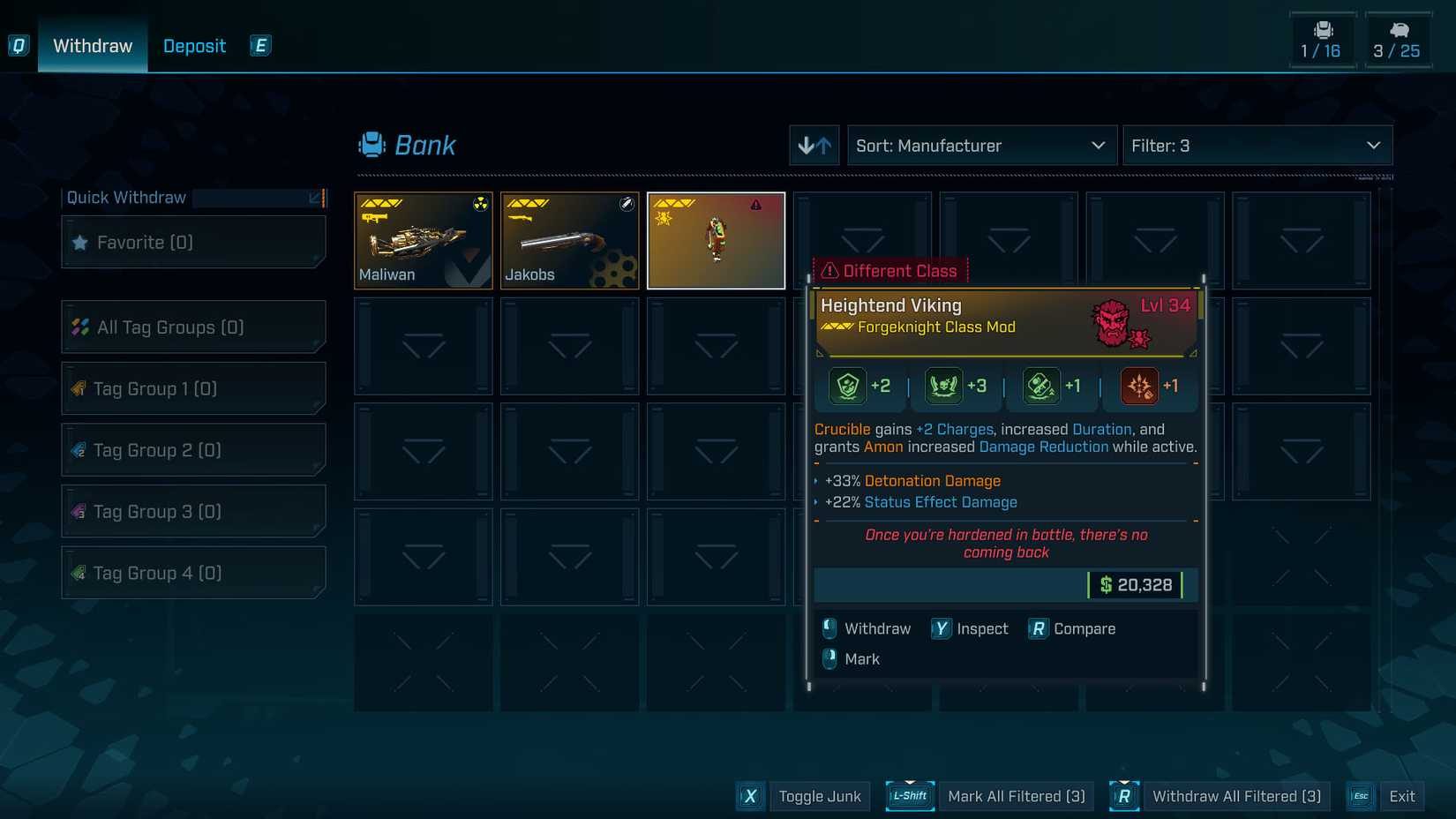 Uma captura de tela de Borderlands 4 mostrando o banco Meny e três armas de lengedário dentro dele