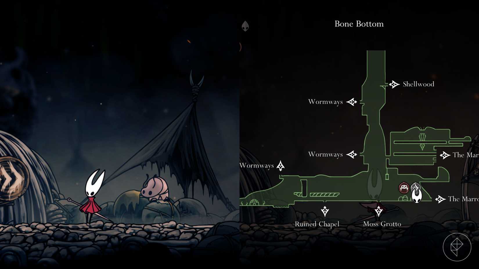 Hornet em pé ao lado de PEBB no fundo dos ossos em Cavaleiro Hollow: Silksong.