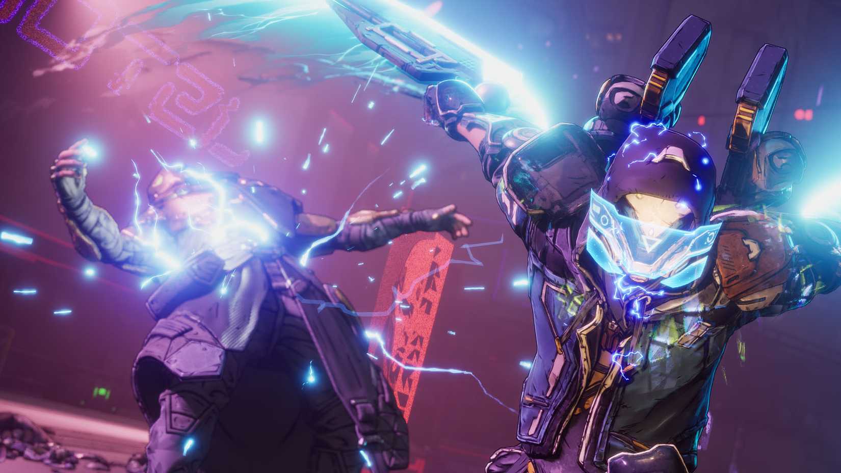 Uma captura de tela oficial da Borderlands 4 mostrando Rafa, um dos caçadores de cofre cortando um inimigo com suas lâminas de energia