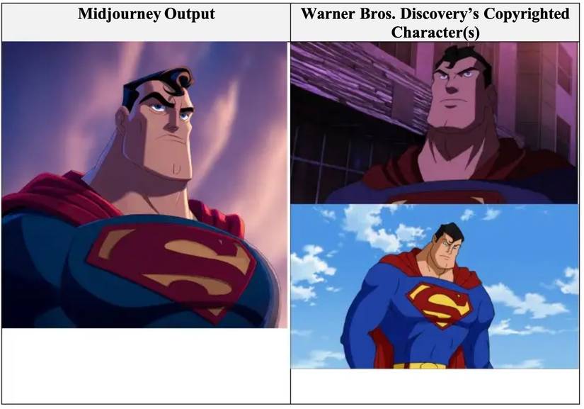 Captura de tela mostrando um super -homem gerado pela IA ao lado da arte de quadrinhos da DC com direitos autorais