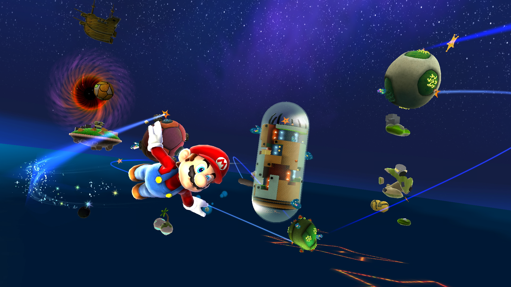 Mario amplia o espaço com vários planetoides atrás dele em Super Mario Galaxy
