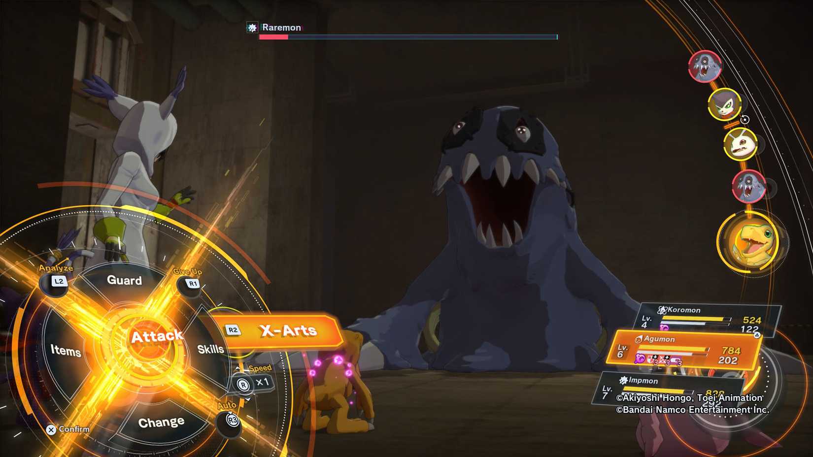 Uma captura de tela do Digimon Story Time Stranger mostrando uma batalha contra Raremon