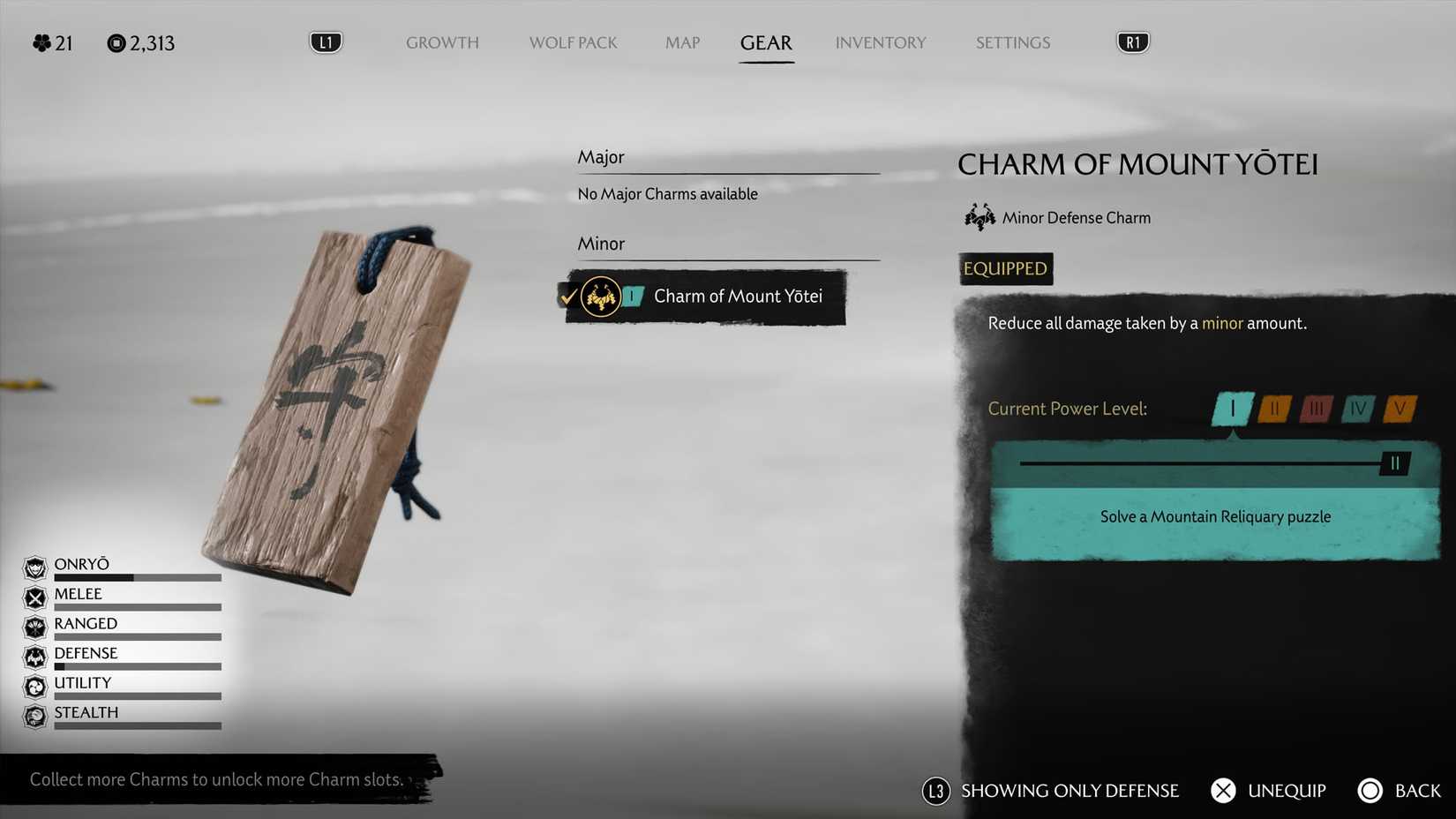 Um fantasma de screenshot de yōtei mostrando o charme do monte yōtei e sua descrição