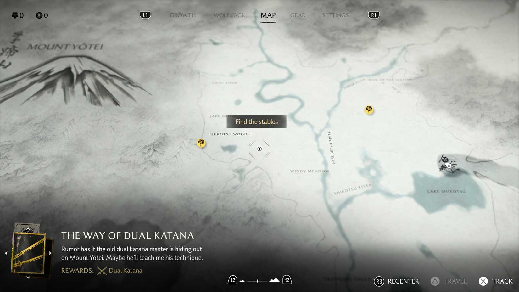 Um mapa mostrando a localização dos estábulos em Ghost of Yotei's Old Trails Quest