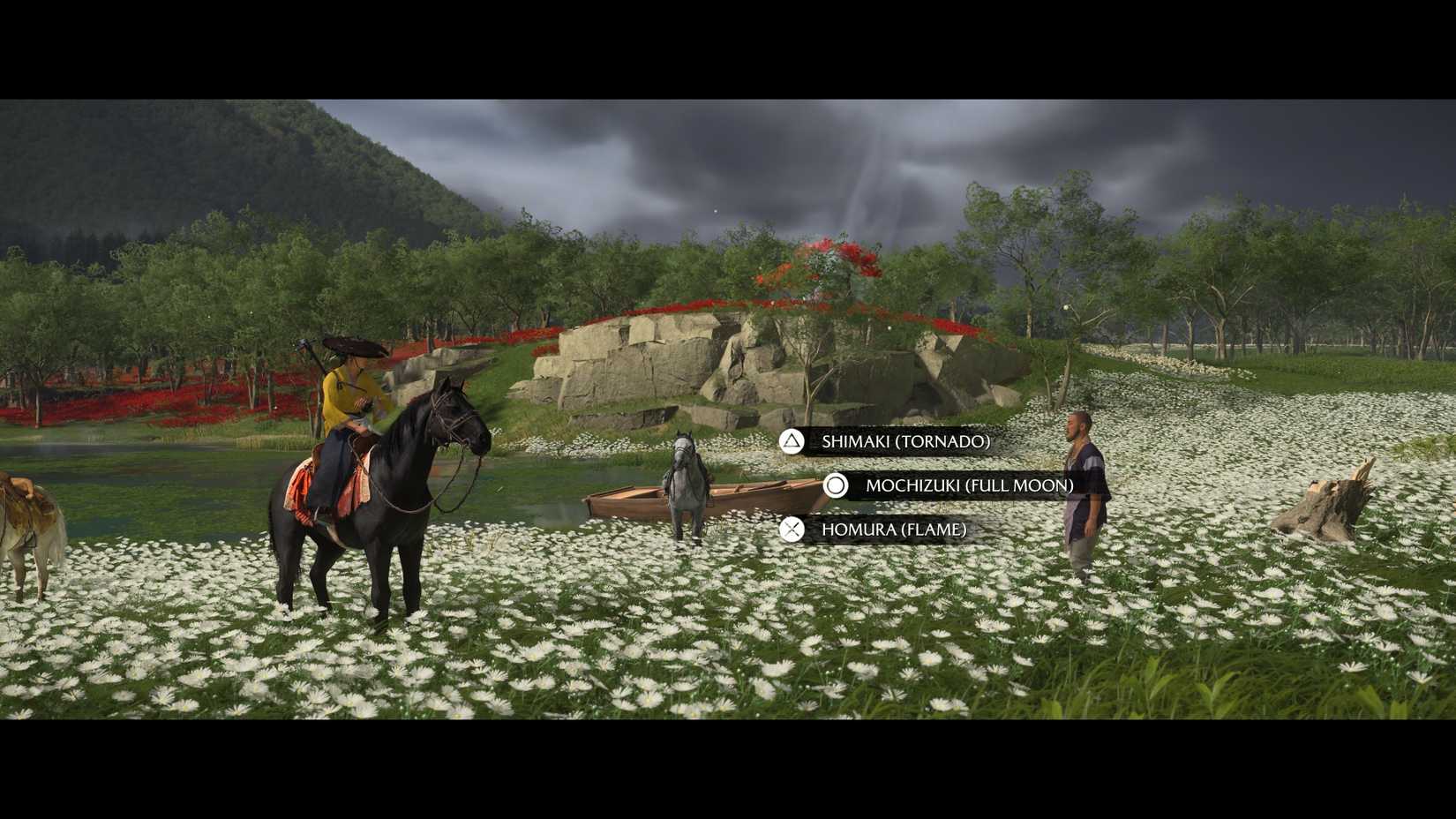 Atsu montado um cavalo preto em fantasmas de yotei