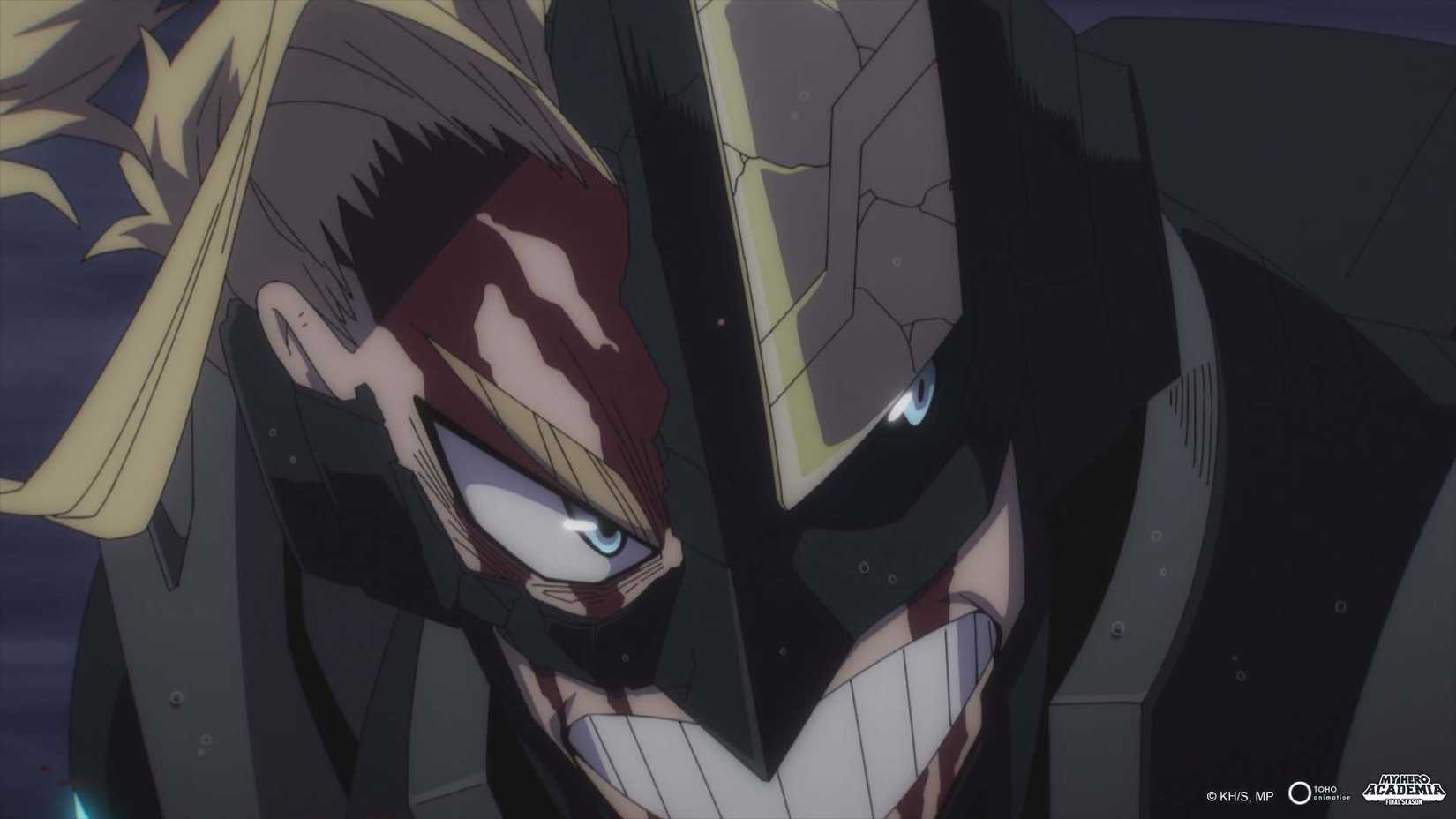 Blindado todos podem na minha temporada final da minha academia de herói com sua máscara quebrada e sangrando