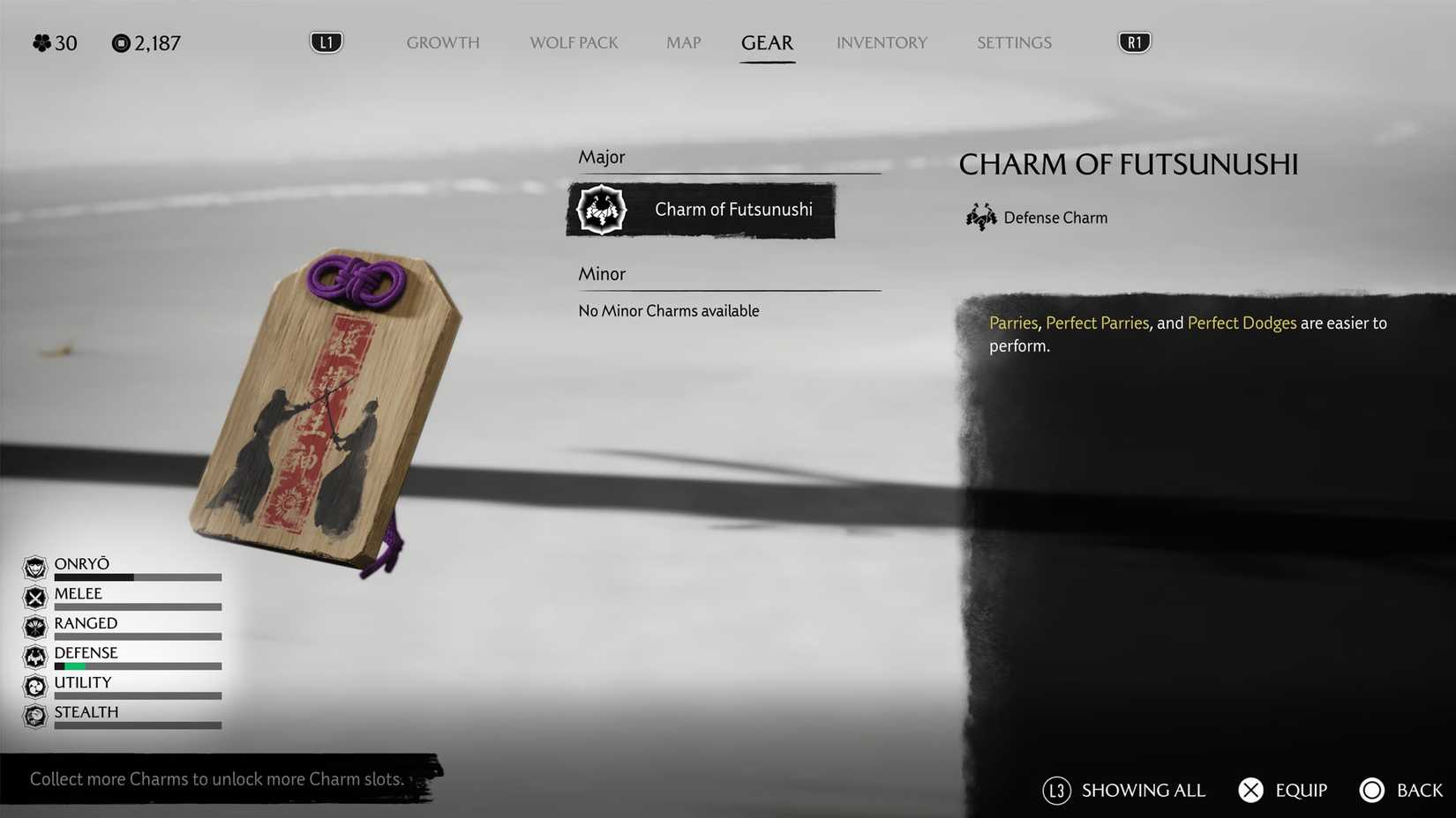 Um fantasma de captura de tela de Yotei mostrando os detalhes sobre o charme de Futsunushi