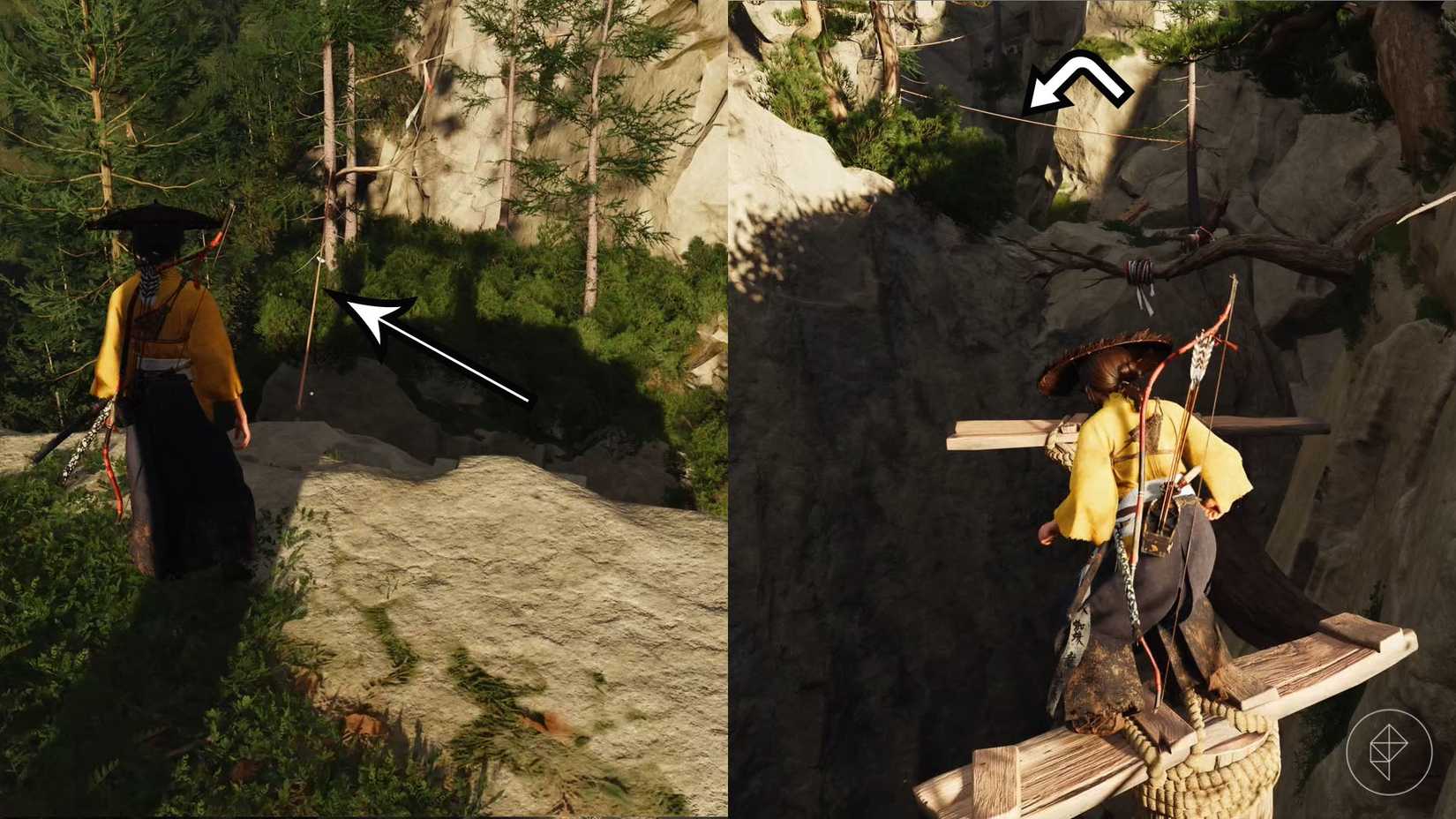 Uma montagem de dois fantasmas de captura de tela de Yotei mostrando a seção final do caminho para o santuário fiel