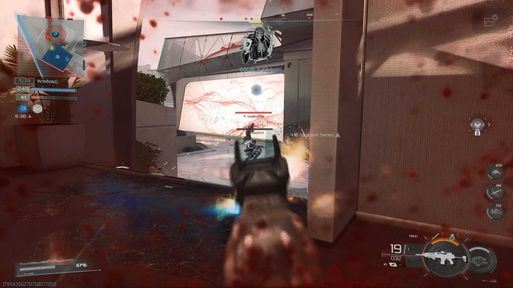 A jogabilidade do Black Ops 7 apontando as vistas do tiro M8A1 em dois inimigos abaixo de algumas escadas.