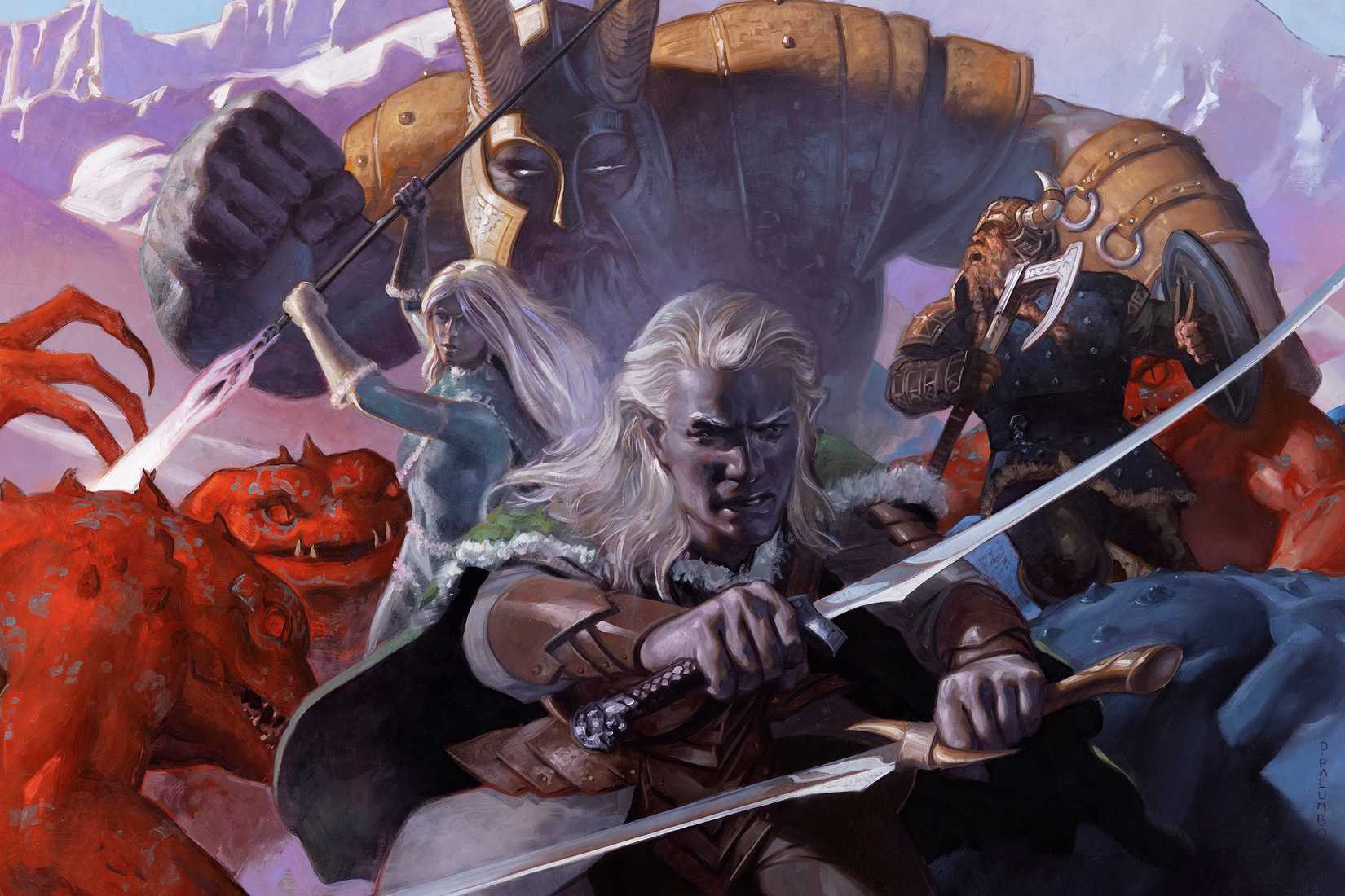 Drizzt Do'Urden e suas famosas espadas gêmeas lutam contra os slaads vermelhos na capa de Glacier's Edge.