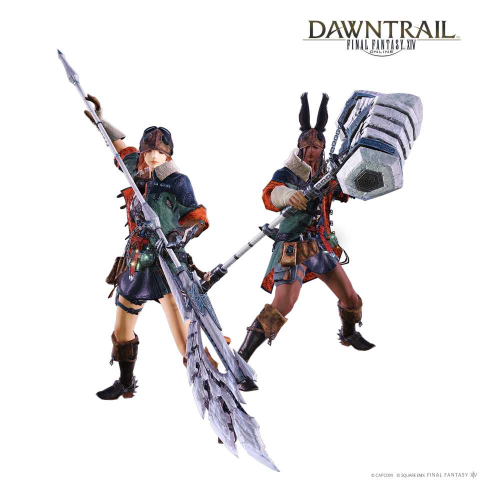 Dois personagens do FFXIV segurando armas Veldian enquanto usavam a Armadura Hope da Monster Hunter Wilds.