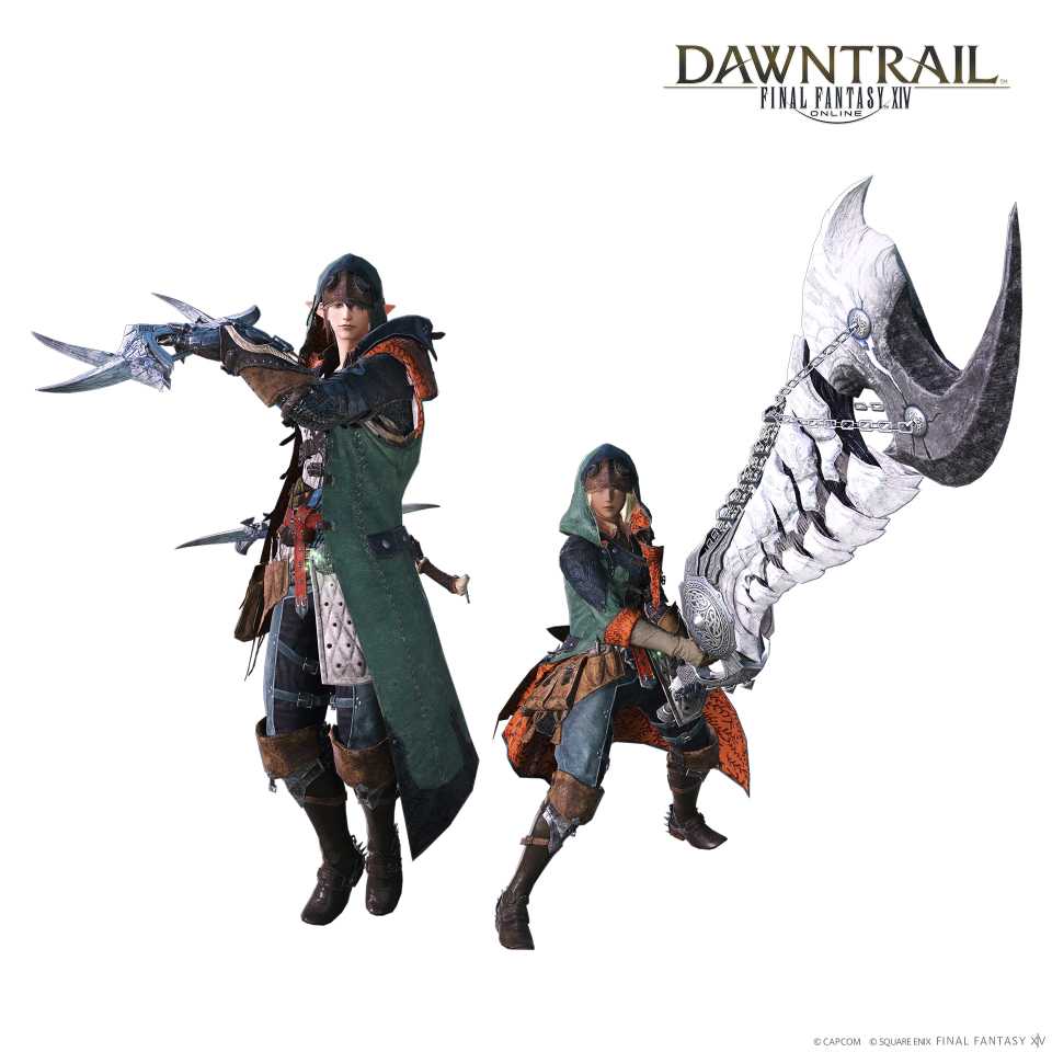 Mais dois personagens do FFXIV segurando lâminas e uma espada gigante, enquanto enfeitados com equipamentos de Monster Hunter Wilds.