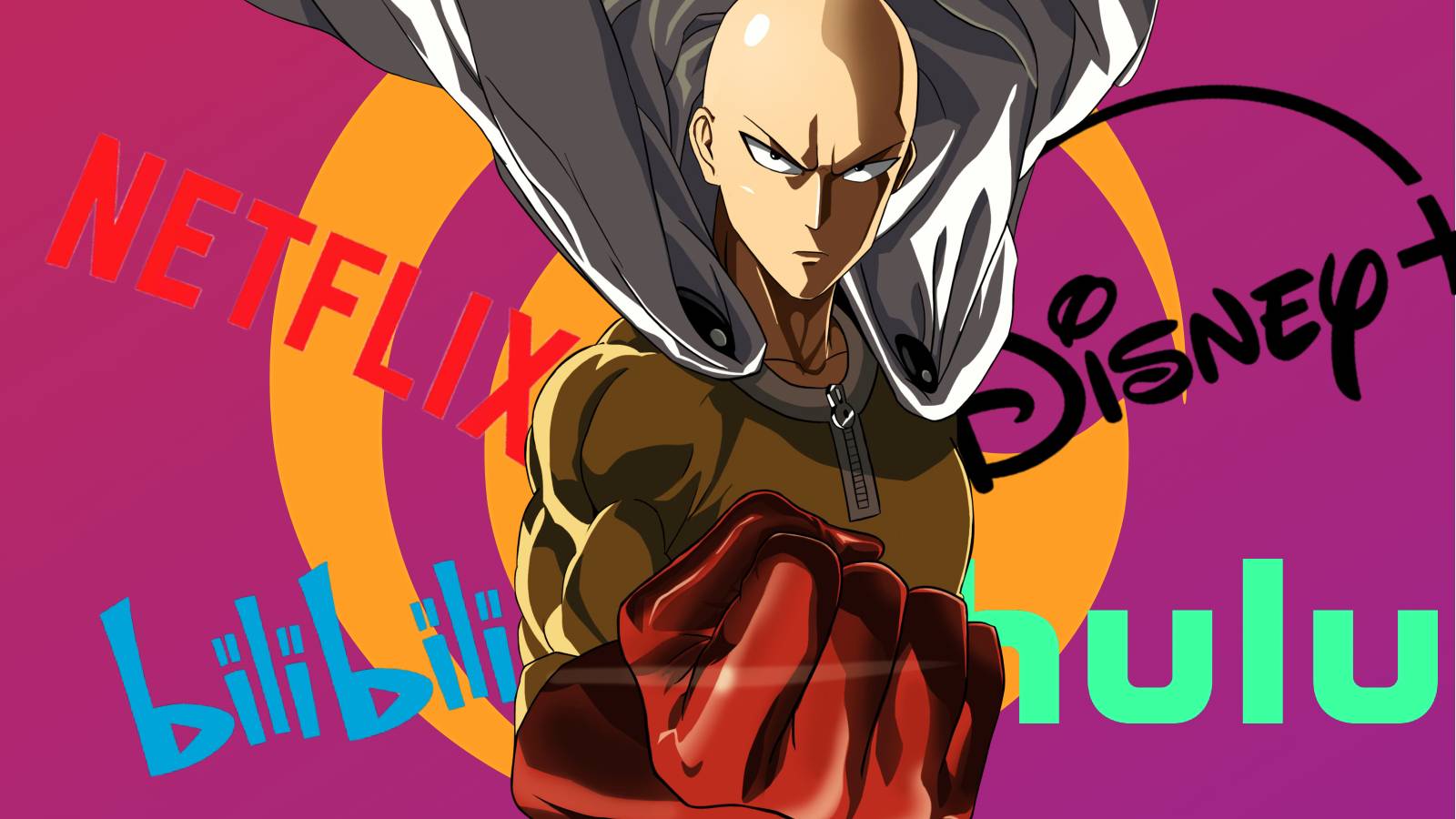 Uma imagem de Saitama de One-Punch Man na frente dos logotipos das plataformas onde a 3ª temporada é transmitida
