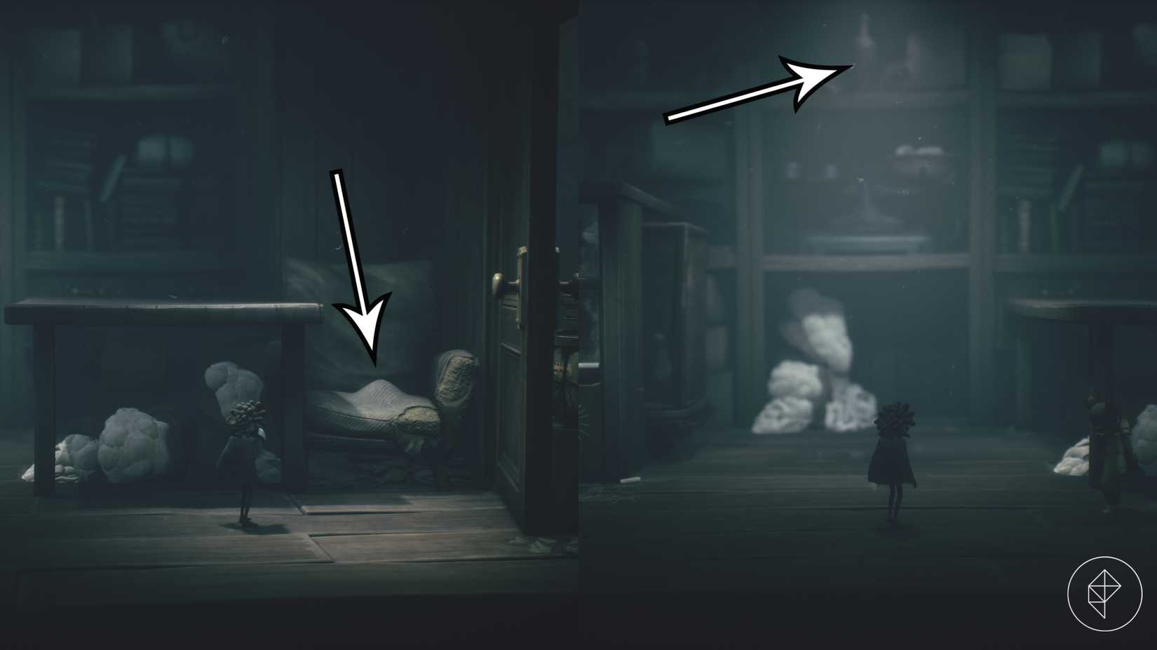 O gnomo de Little Nightmares 3 está escondido em uma cadeira e em um armário.