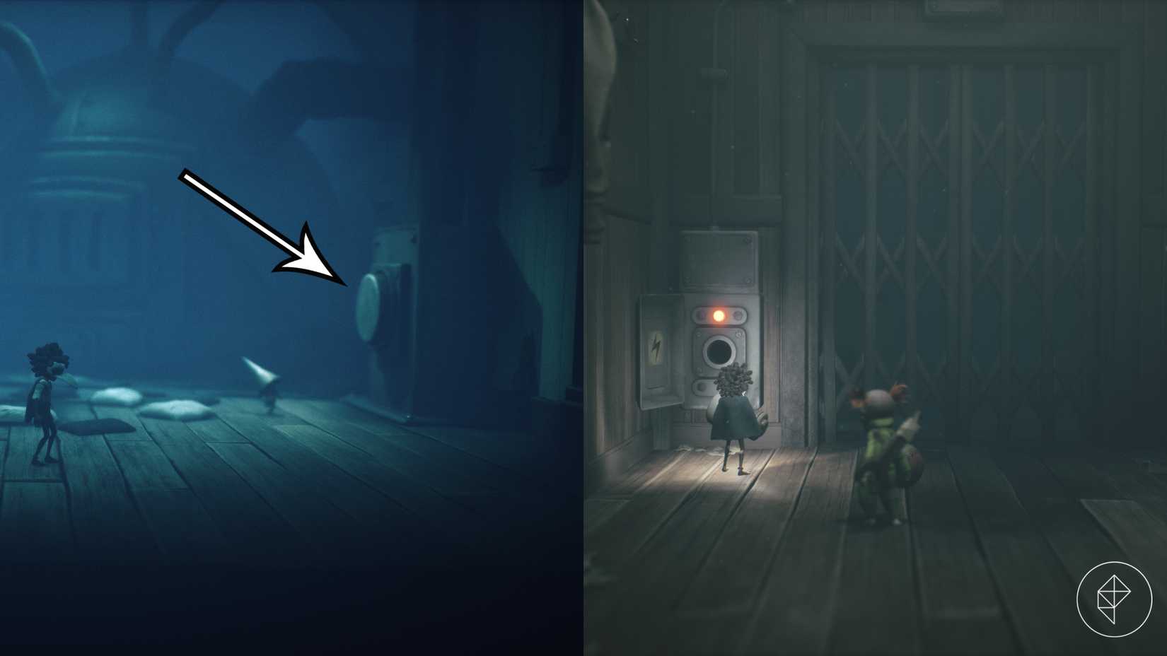 Um gnomo ao lado de um botão e um jogador resolvendo um quebra-cabeça de lâmpada para ativar o elevador no Capítulo 3 de Little Nightmares 3.