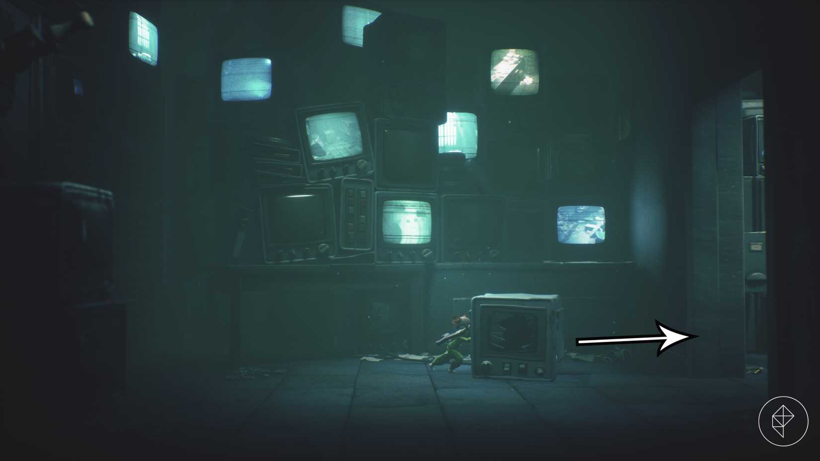 Uma sala cheia de monitores em Little Nightmares 3.