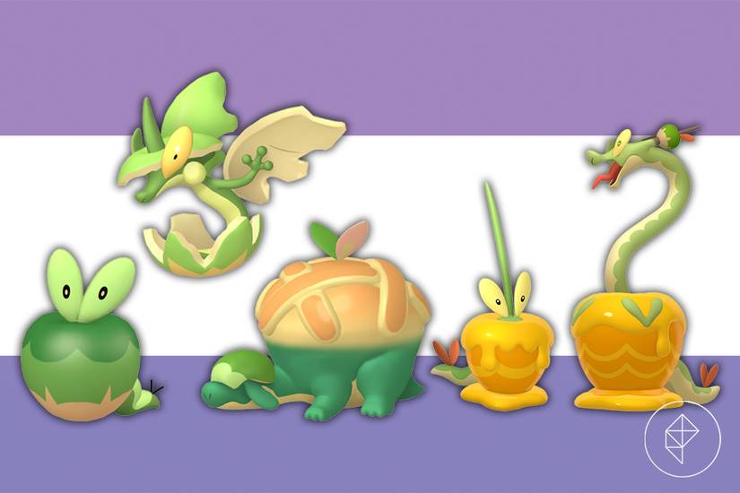 Shiny Applin, Flapple, Appletun, Dipplin e Hydrapple conforme aparecem em Pokémon Home.