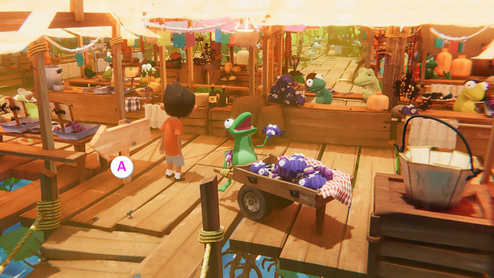 Um personagem de Sopa: Conto da Batata Roubada em um mercado cercado por sapos.