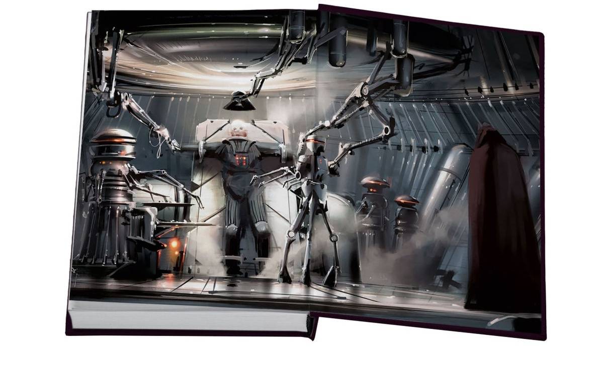 Robôs trabalhando em Darth Vader na arte da edição comentada de A Vingança dos Sith