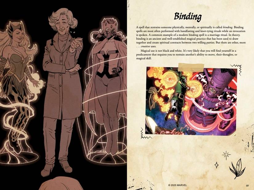 Uma página sobre a encadernação do Grimório de Agatha Harkness retrata Agatha Harkness amarrando a Feiticeira e a Feiticeira Escarlate e o Doutor Destino amarrando Galactus