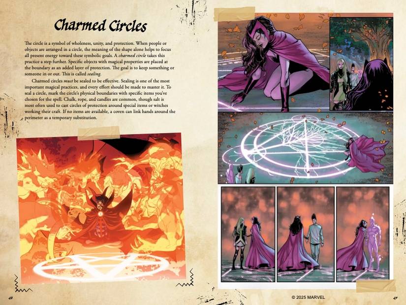Doutor Estranho flutua acima de um círculo encantado enquanto a Feiticeira Escarlate constrói um em O Grimório de Agatha Harkness