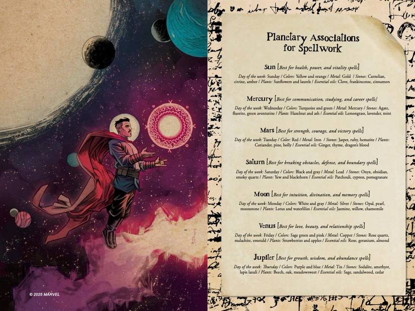 Doutor Estranho flutua em um céu estrelado em uma página do Grimório de Agatha Harkness sobre associações planetárias