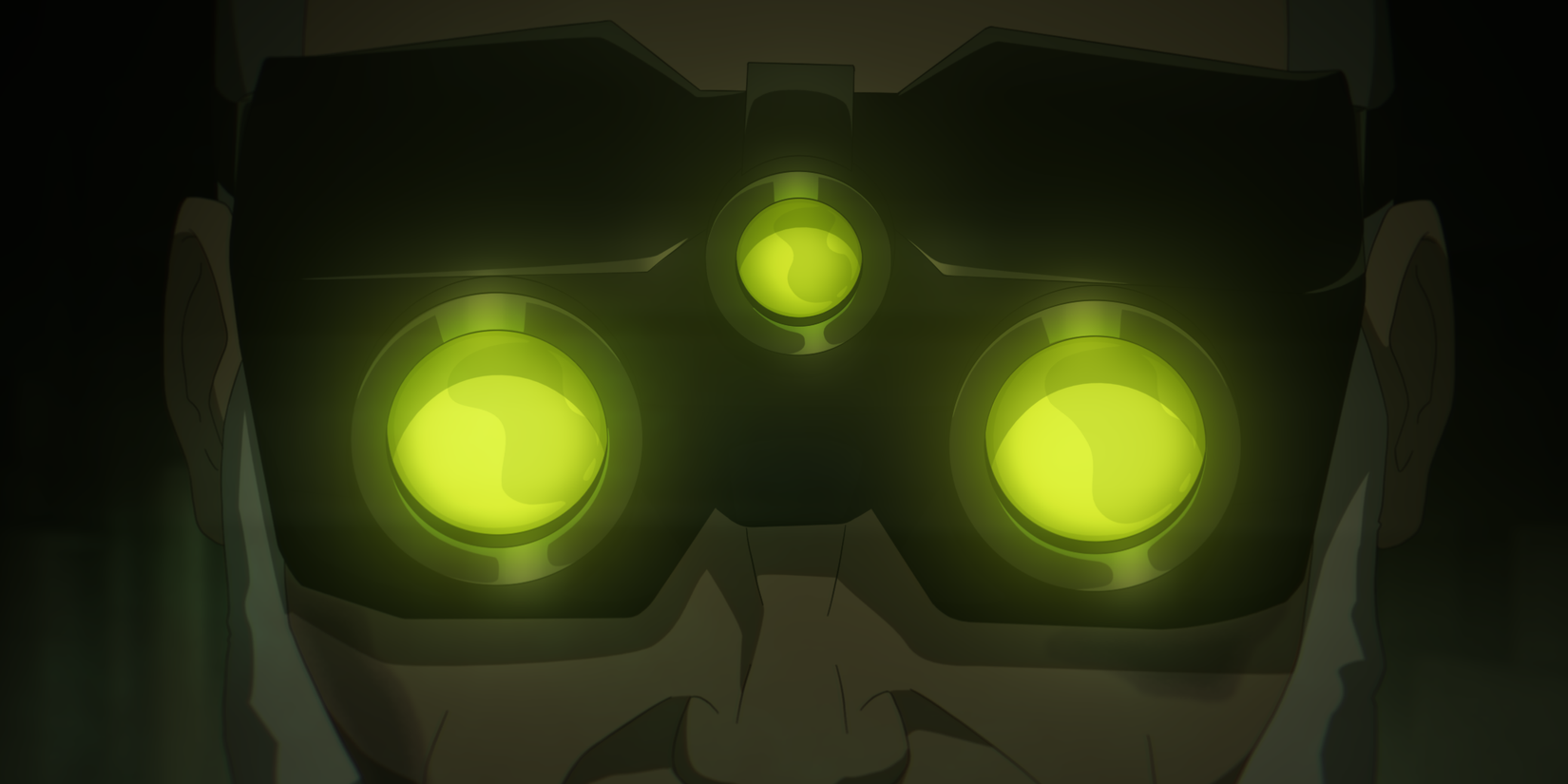 Uma captura de tela do Splinter Cell Deathwatch da Netflix. Mostra os icônicos óculos verdes de Sam Fisher.