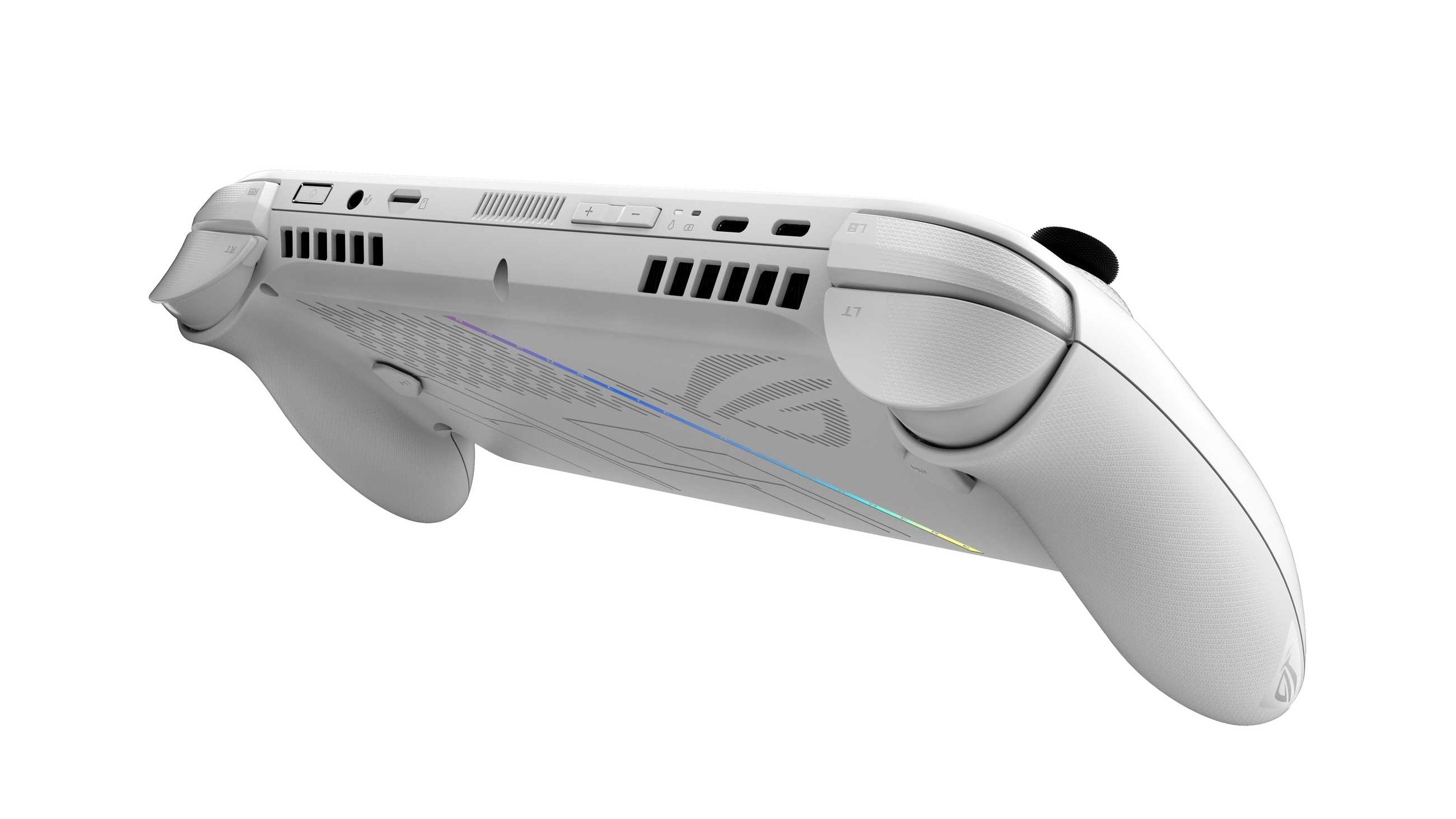Um console ROG Xbox Ally branco visto por trás