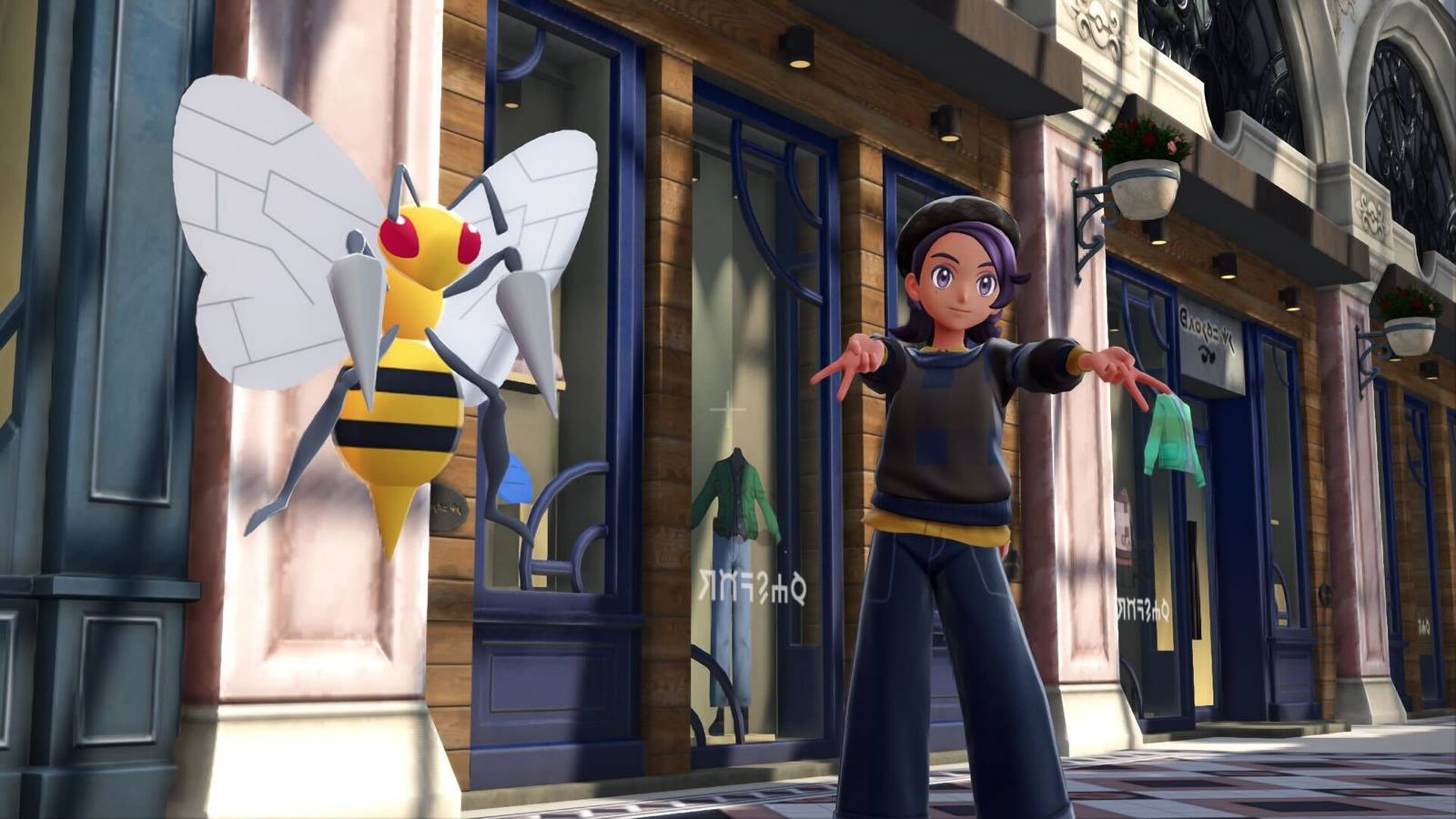 Um treinador Pokémon faz sinais de paz duplos com um Beedrill em Pokémon Legends: ZA