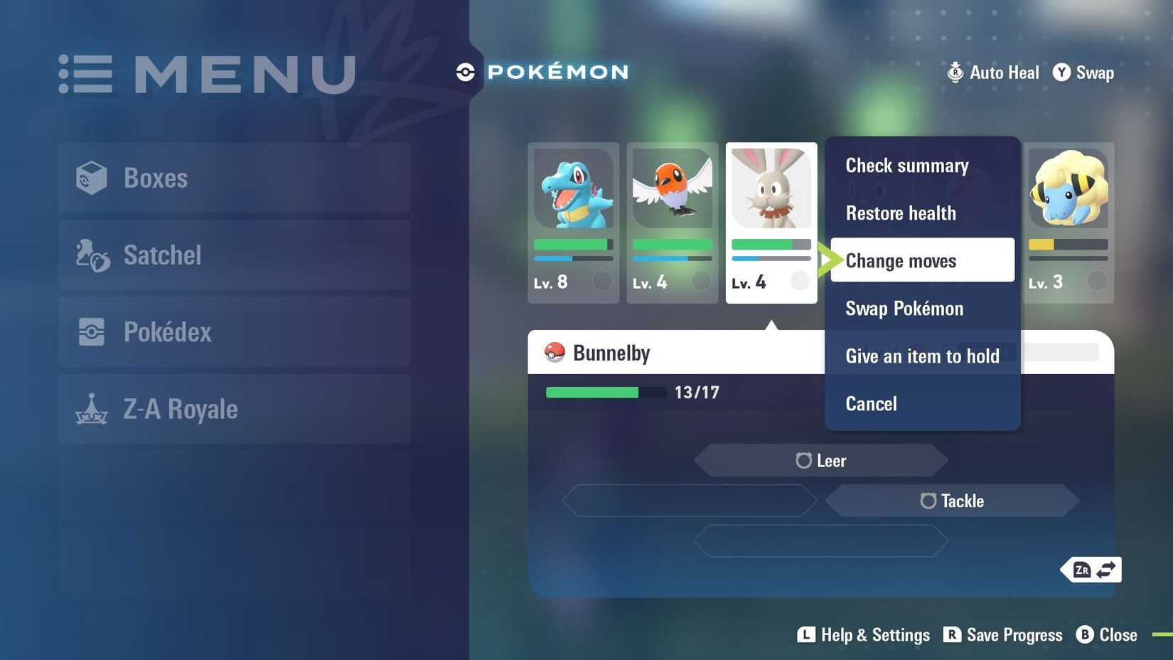 Um menu Pokémon Legends: ZA mostrando o "mudar movimentos" opção.