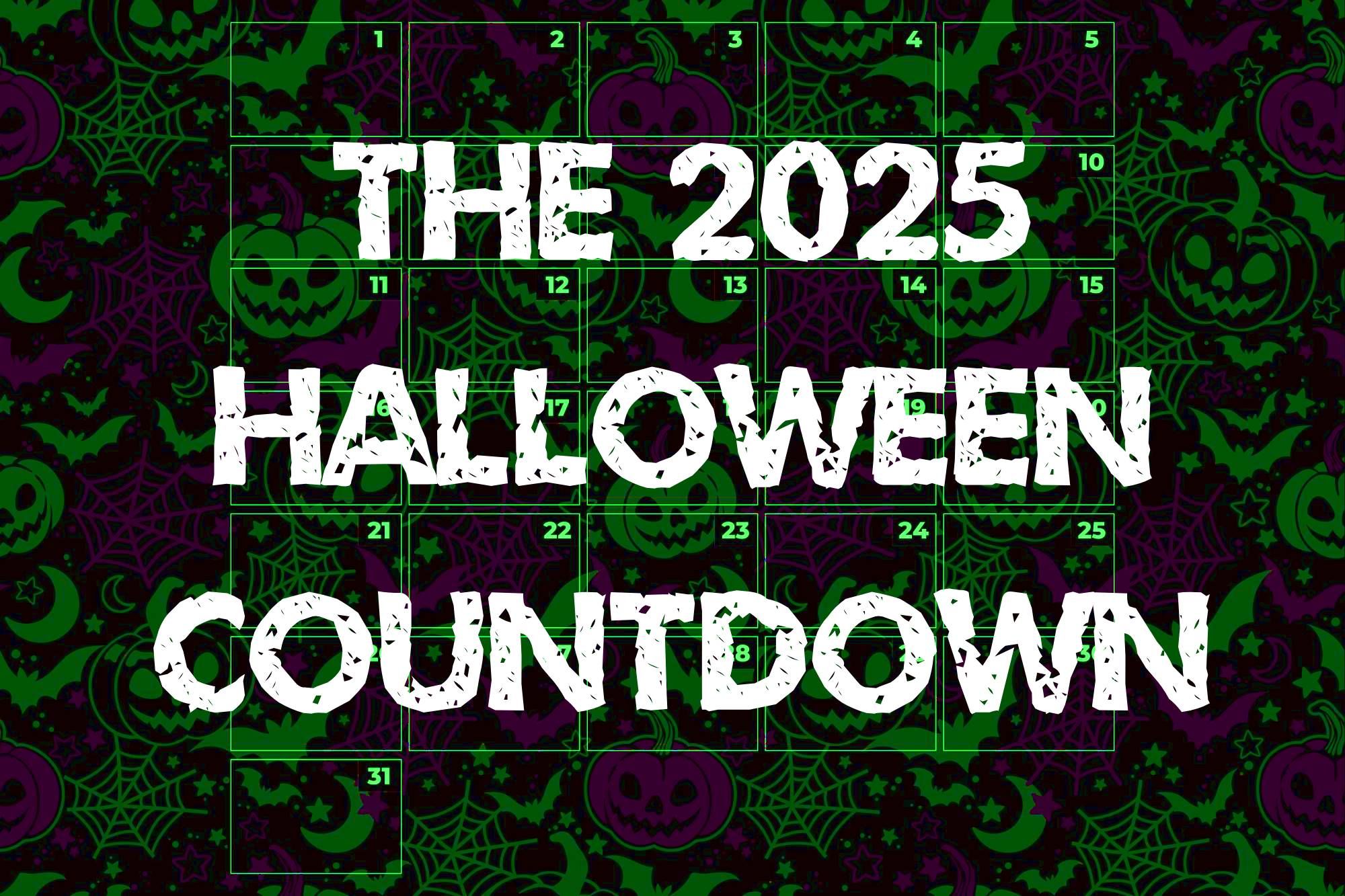 Uma imagem do calendário para a contagem regressiva do Halloween de 2025, mostrando o mês de outubro contra um fundo assustador de abóboras e teias de aranha