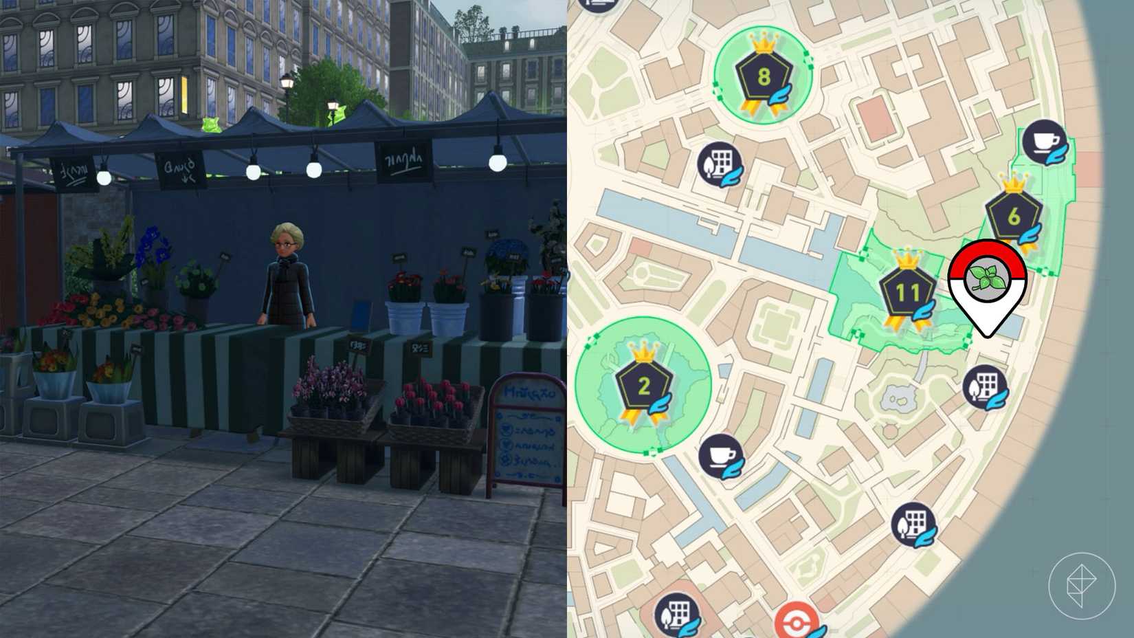 Uma barraca de hortelã ao lado da Wild Zone 11 marcada no mapa de Pokémon Legends: ZA.