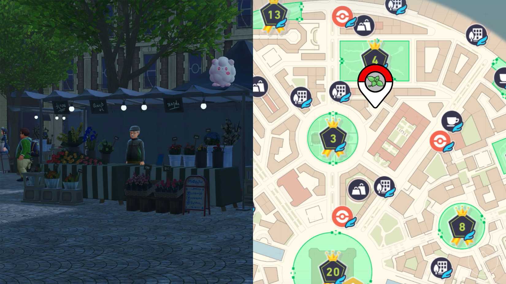 A localização das barracas de hortelã marcadas no mapa de Pokémon Legends: ZA.