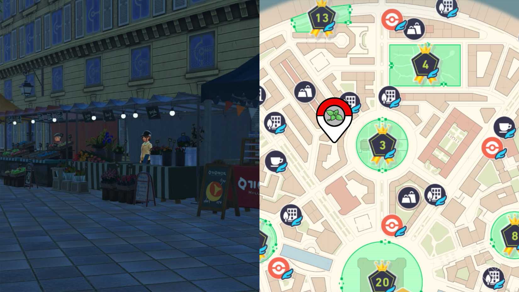 A localização da barraca da casa da moeda a noroeste do Setor Rouge 1 marcada no mapa de Pokémon Legends: ZA.