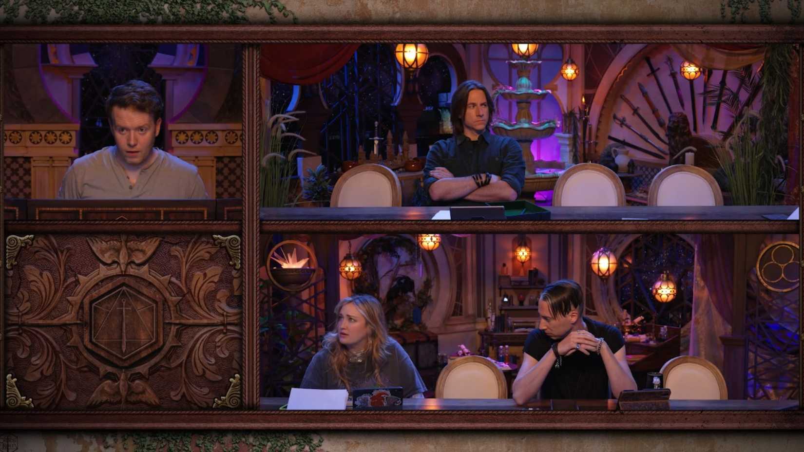 Uma captura de tela do terceiro episódio da campanha Critical Role 4. Apresenta Brennan Lee Mulligan como Dungeon Master, bem como Ashley Johnson, Alexander Ward e Matthew Mercer como jogadores.