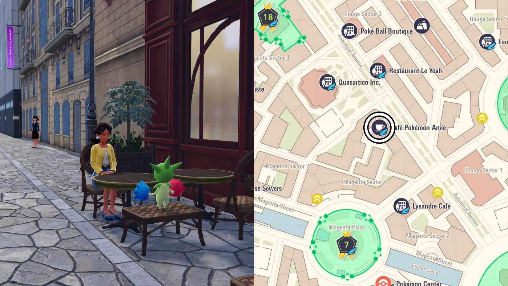 Uma mulher sentada em um café com Roselia em Pokémon Legends: ZA