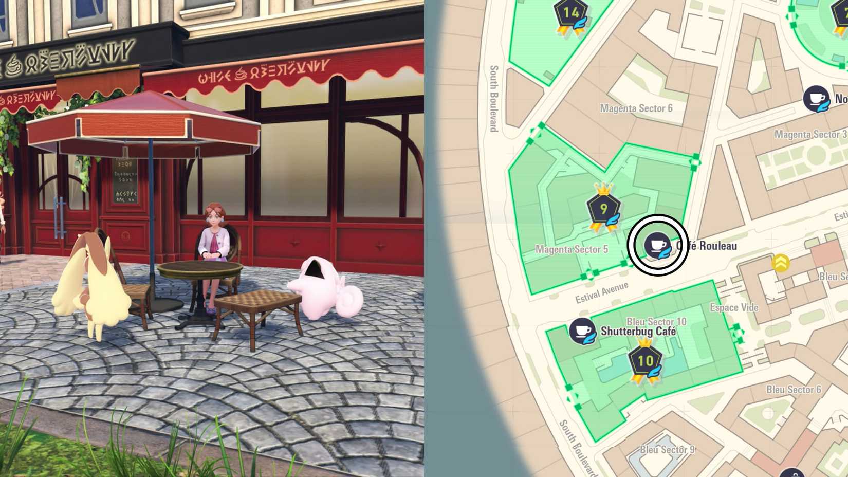 Chou sentado em uma mesa do lado de fora do Café Rouleau em Pokémon Legends: ZA.