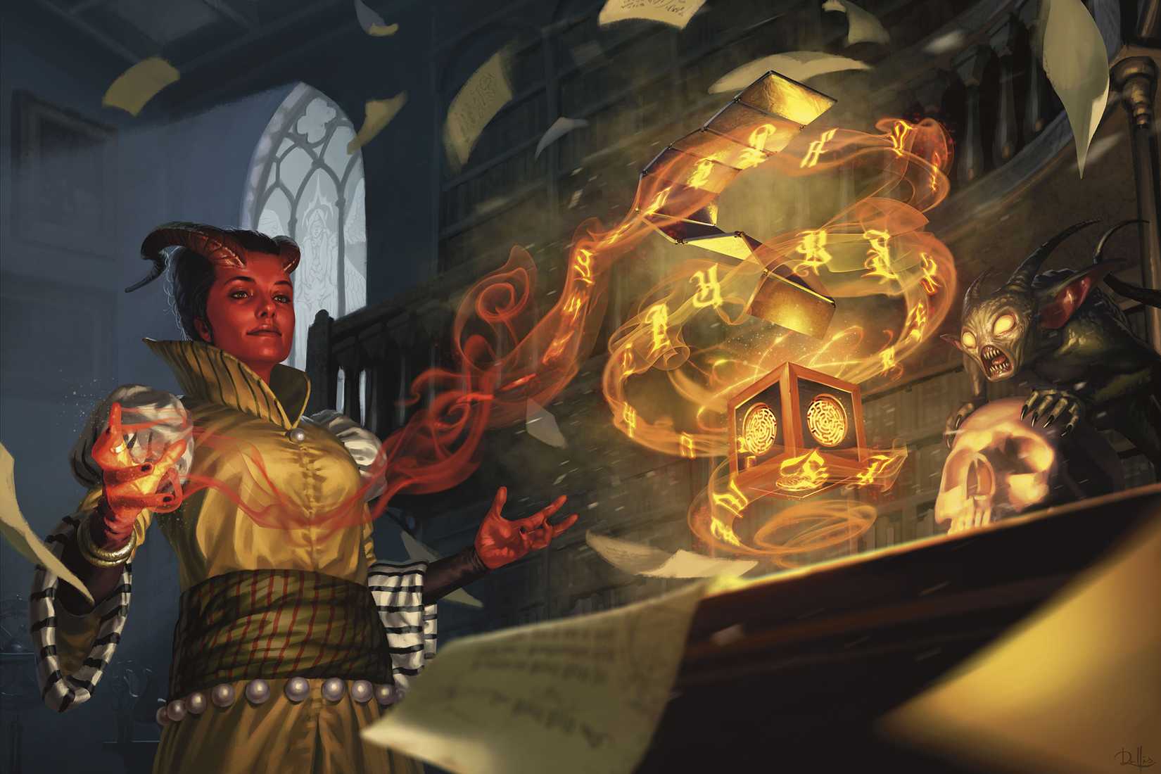 O conteúdo da misteriosa caixa de quebra-cabeças de Thavius ​​Kreeg é revelado. Um tiefling lança um feitiço no pequeno item dourado enquanto um demônio observa. De Baldur's Gate da Wizards of the Coast: Descida ao Avernus.