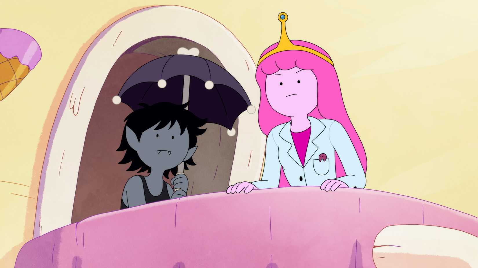 Cena de Fionna e Cake mostrando Marceline e Bubblegum em uma varanda.