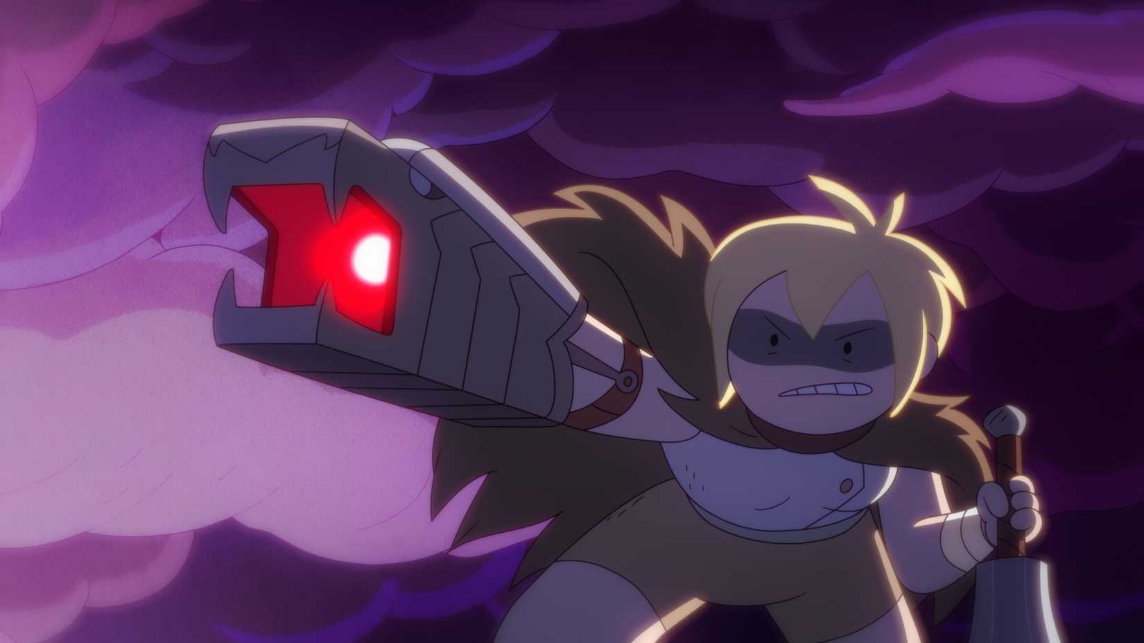 Fionna com uma arma no braço, mirando.