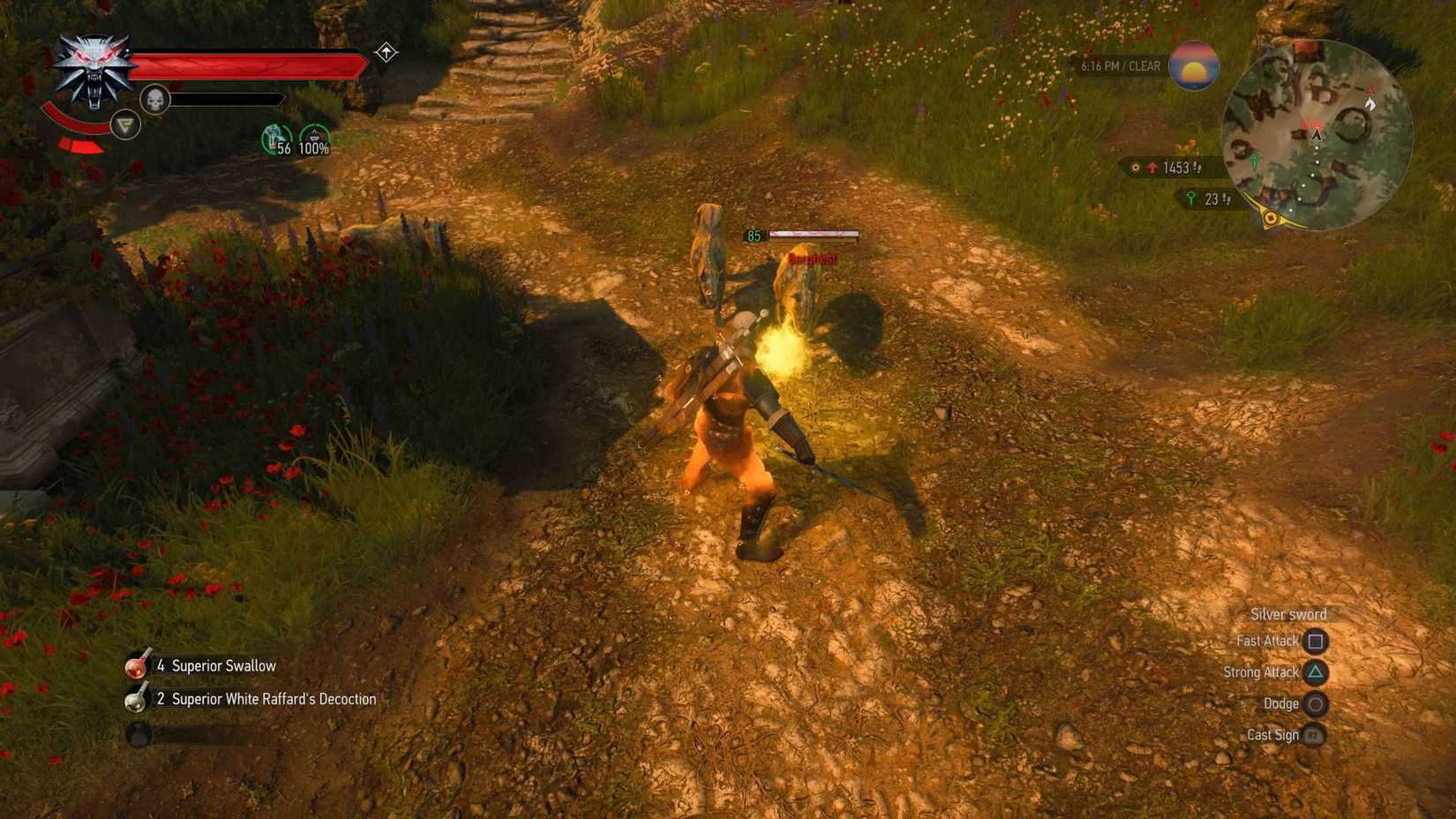 Geralt em The Witcher 3 lutando contra um bando de barghest enquanto Quen está ativo.