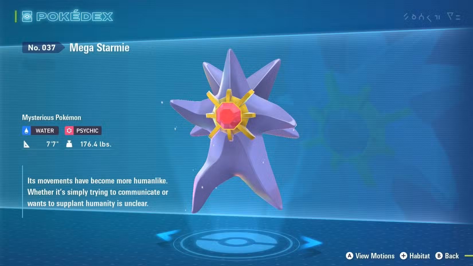 Mega Starmie aparece na Pokédex em Pokémon Legends: ZA.