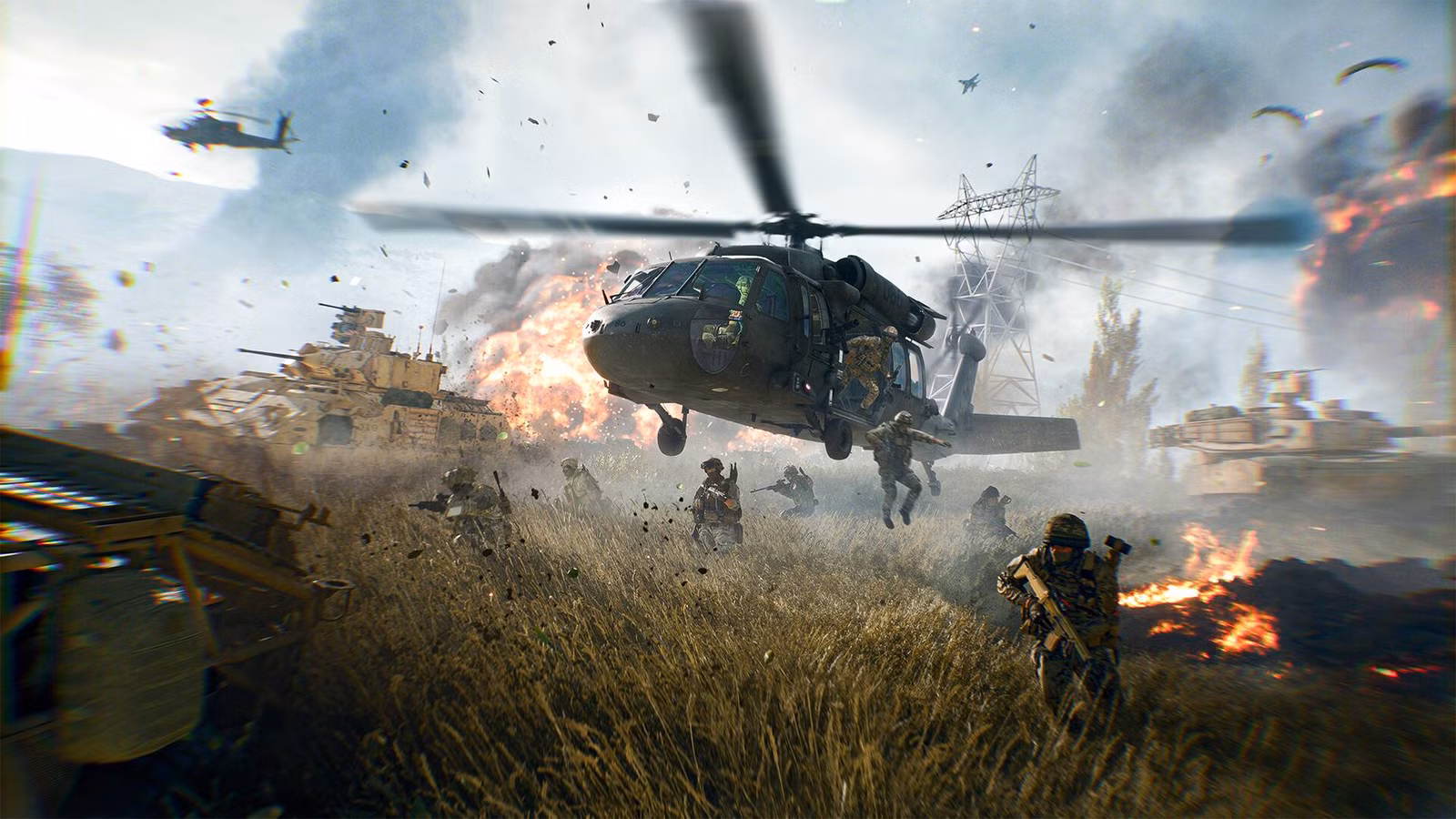 Um helicóptero no Battlefield 6 caindo na grama com soldados saltando, tanques ao fundo e explosões.