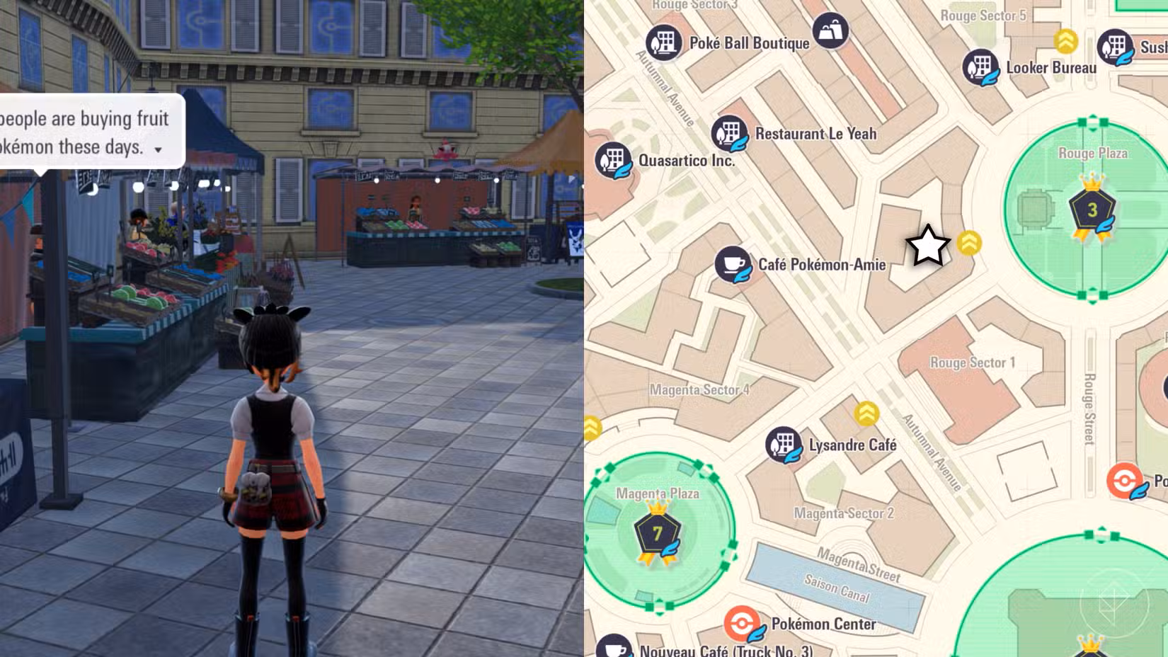 Um treinador Pokémon está em frente a várias barracas em um mercado no norte do Setor Rogue 1.